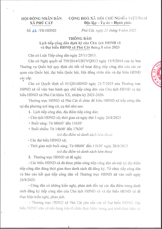 Thông báo lịch tiếp công dân định kỳ của Chủ tịch HĐND xã và Đại biểu HĐND xã Phú Cát tháng 8 năm 2025- Ảnh 1.
