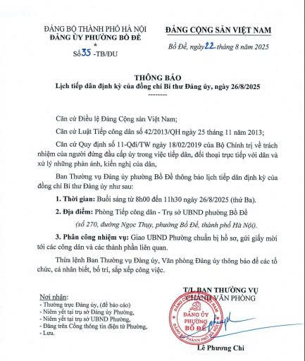 Lịch tiếp công dân định kỳ của đồng chí Bí thư Đảng ủy phường, ngày 26/8/2025- Ảnh 1.