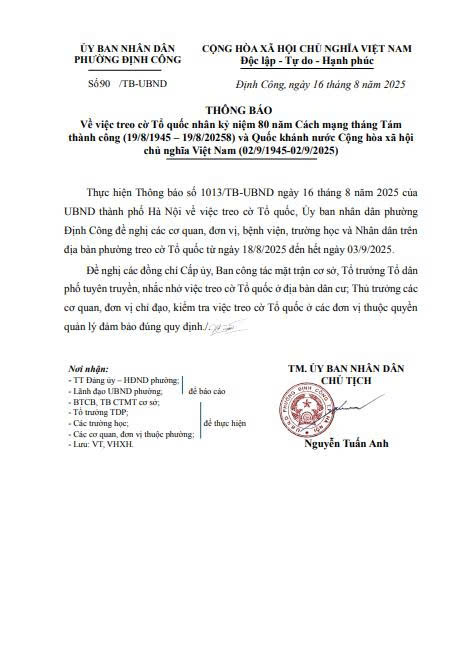 Thông báo về việc treo cờ Tổ quốc nhân kỷ niệm 80 năm Cách mạng tháng Tám thành công (19/8/1945-19/8/2025) và Quốc khánh nước Cộng hòa xã hội chủ nghĩa Việt Nam (02/9/1945-02/9/2025)- Ảnh 1.