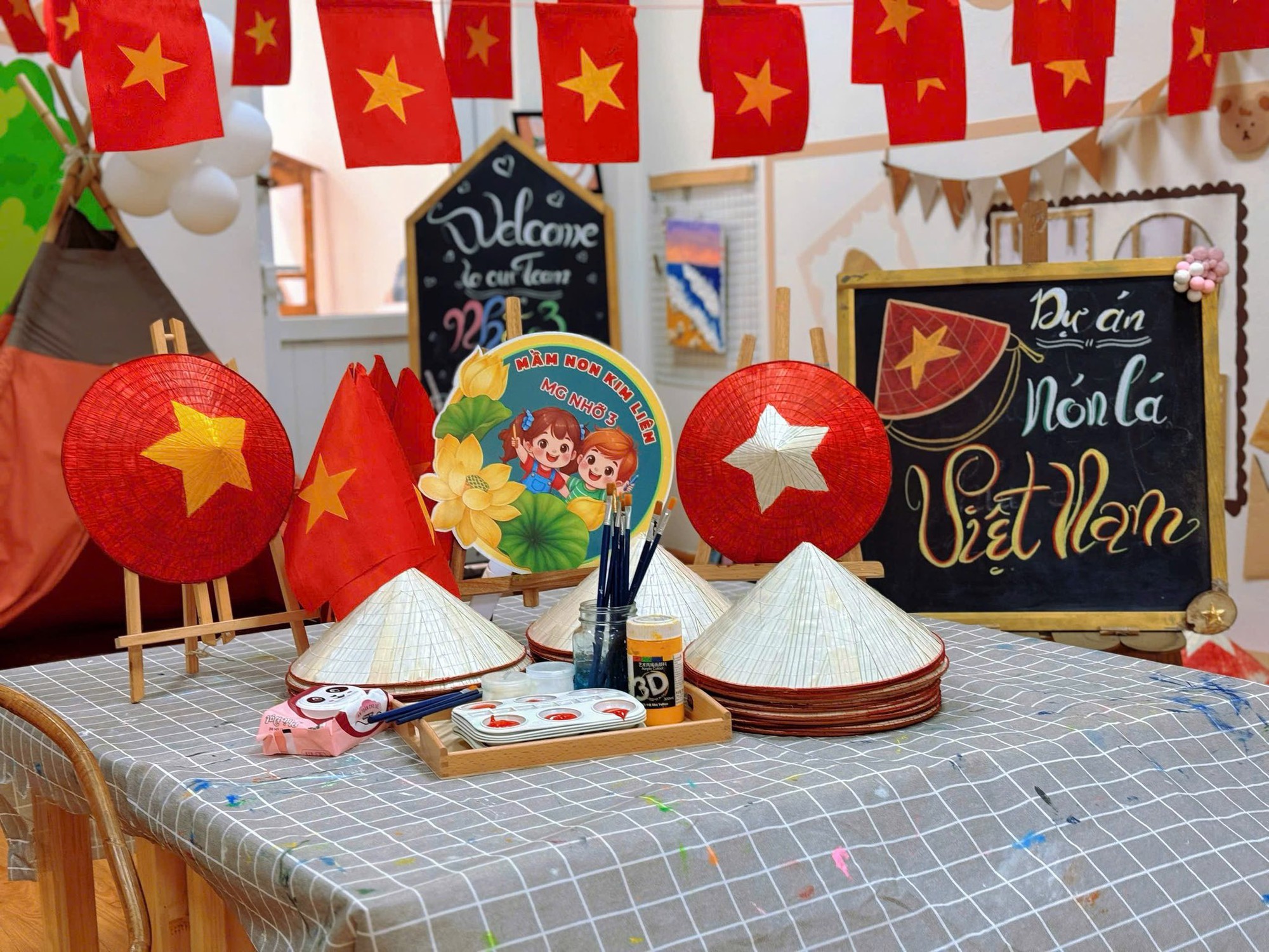 A table with a tablecloth and flags  AI-generated content may be incorrect.