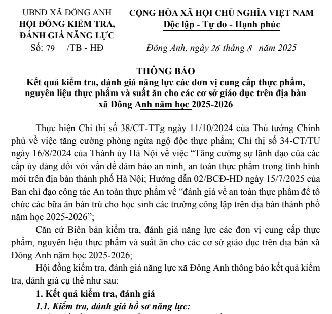 THÔNG BÁO KẾT QUẢ KIỂM TRA, ĐÁNH GIÁ NĂNG LỰC CÁC ĐƠN VỊ CUNG CẤP THỰC PHẨM, NGUYÊN LIỆU THỰC PHẨM VÀ SUẤT ĂN CHO CÁC CƠ SỞ GIÁO DỤC TRÊN ĐỊA BÀN XÃ ĐÔNG ANH NĂM HỌC 2025 – 2026- Ảnh 1.
