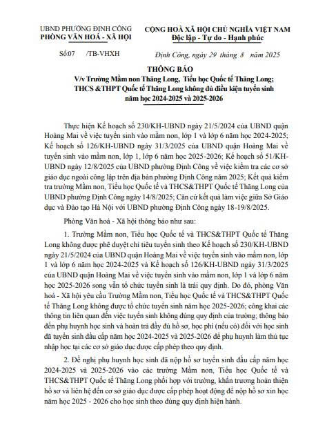 Thông báo Trường Mầm non Thăng Long, Tiểu học Quốc tế Thăng Long; THCS &THPT Quốc tếThăng Long không đủ điều kiện tuyển sinh năm học 2024-2025 và 2025-2026- Ảnh 1.