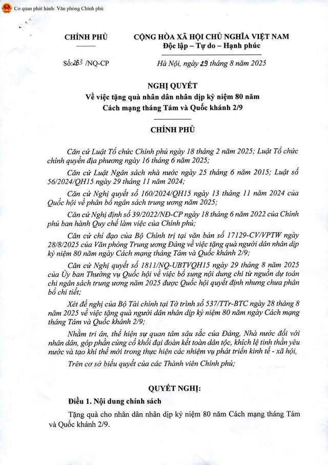 Nghị quyết 263/NQ-CP tặng quà nhân dân nhân dịp kỷ niệm 80 năm Cách mạng tháng Tám và Quốc khánh 2/9- Ảnh 2.