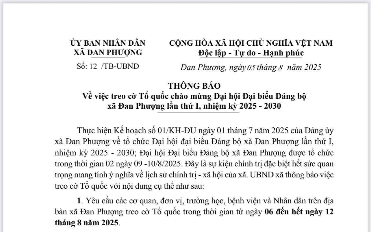Thông báo về việc treo cờ Tổ quốc chào mừng Đại hội Đại biểu Đảng bộ xã Đan Phượng lần thứ I, nhiệm kỳ 2025-2030