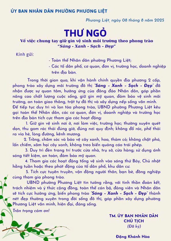 Thư ngỏ của UBND phường về việc chung tay giữ gìn vệ sinh môi trường theo phong trào "Sáng - Xanh - Sạch - Đẹp"- Ảnh 1.