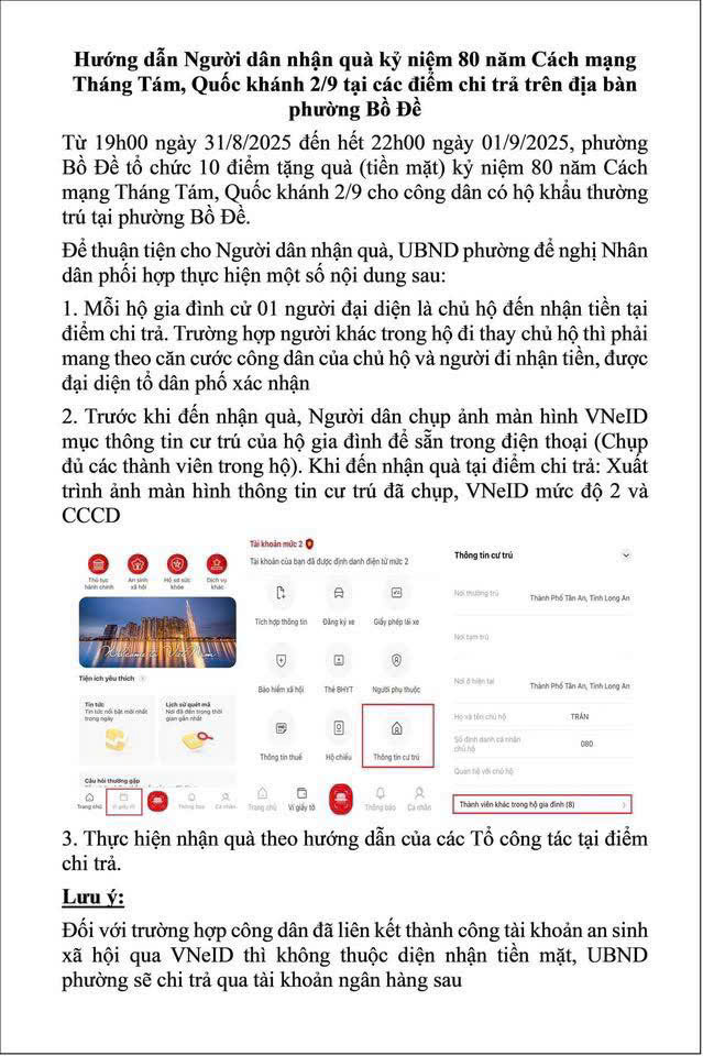Thông báo tổ chức chi trả quà cho người dân nhân dịp kỷ niệm 80 năm CMT8 và Quốc khánh 2/9 trên địa bàn phường Bồ Đề- Ảnh 3.