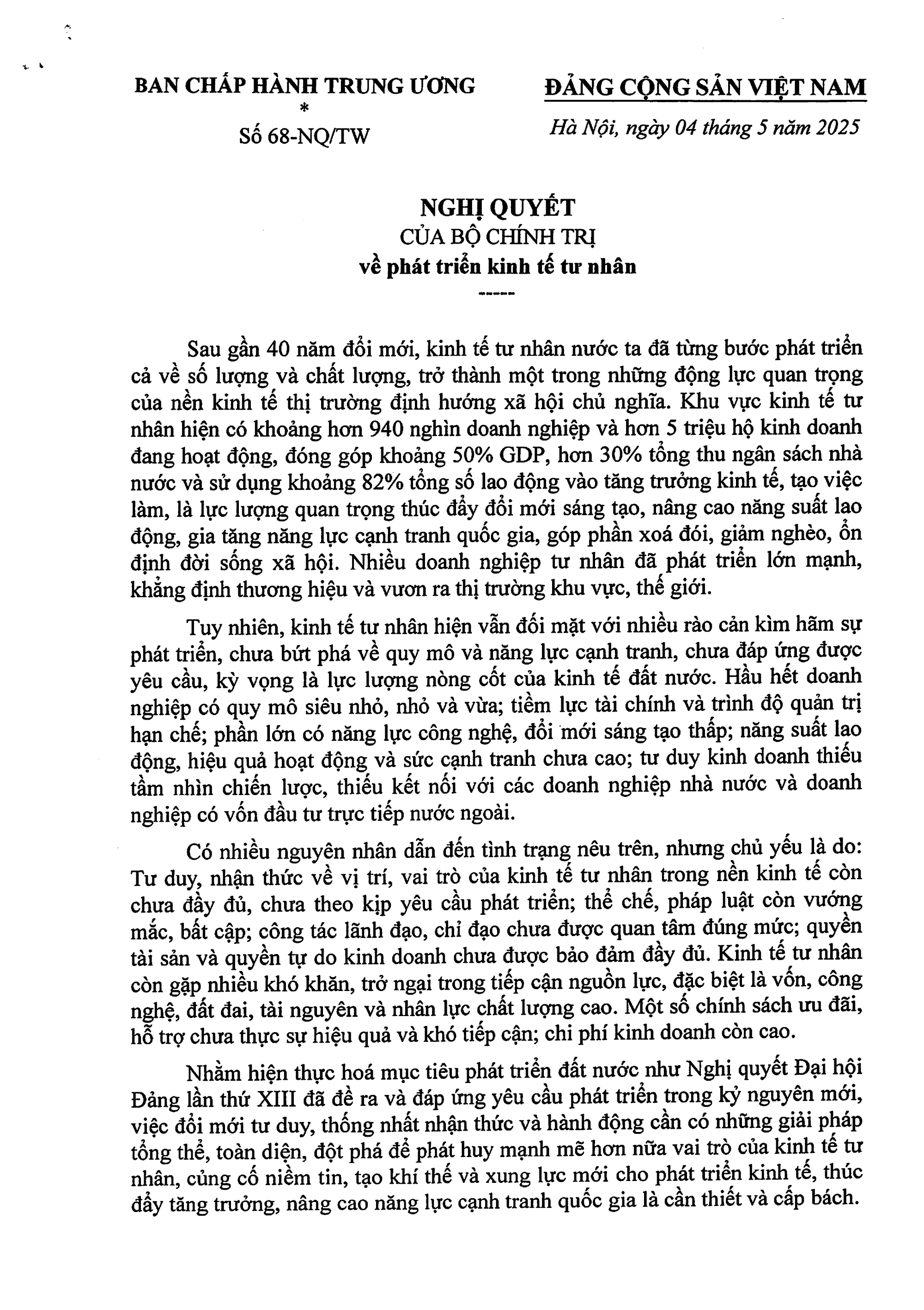 TOÀN VĂN: Nghị quyết số 68-NQ/TW về phát triển kinh tế tư nhân- Ảnh 1.