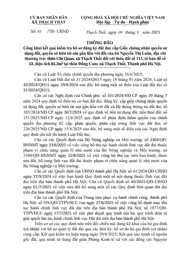 Thông báo 85/TB-UBND: Công khai kết quả kiểm tra hồ sơ đăng ký đất đai, cấp Giấy chứng nhận quyền sử dụng đất, quyền sở hữu tài sản gắn liền với đất của bà Nguyễn Thị Luân- Ảnh 1.