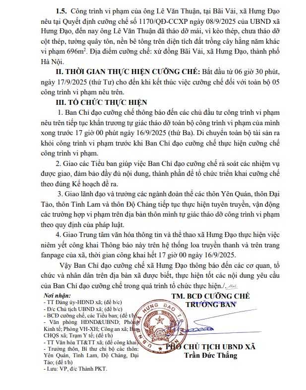 THÔNG BÁO
Việc tiếp tục thực hiện cưỡng chế phá dỡ các công trình vi phạm pháp luật về đất đai- Ảnh 2.