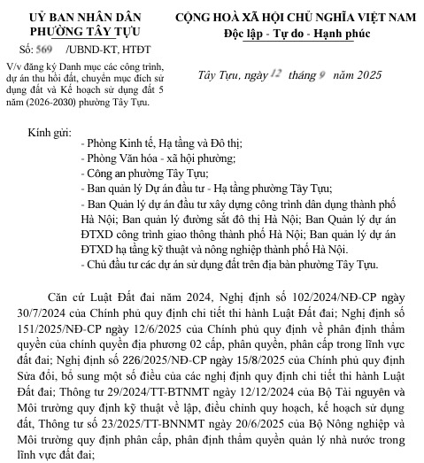 Đăng ký Danh mục các công trình, dự án thu hồi đất, chuyển mục đích sử dụng đất và Kế hoạch sử dụng đất 5 năm (2026-2030) phường Tây Tựu- Ảnh 1.