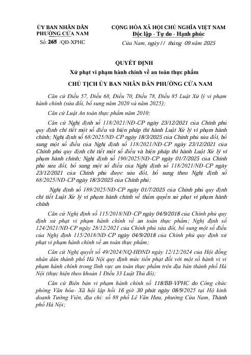 QUYẾT ĐỊNH: Xử phạt vi phạm hành chính về an toàn thực HỘ KINH DOANH TƯỜNG VIÊN- Ảnh 1.