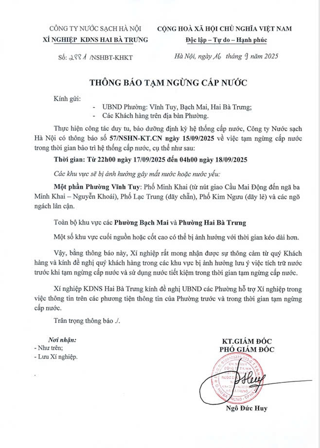 Thông báo tạm ngừng cấp nước- Ảnh 1.