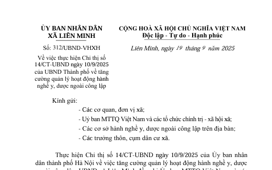 UBND xã Liên Minh triển khai Chỉ thị số 14/CT-UBND ngày 10/9/2025 của UBND Thành phố về tăng cường quản lý hoạt động hành nghề y, dược ngoài công lập