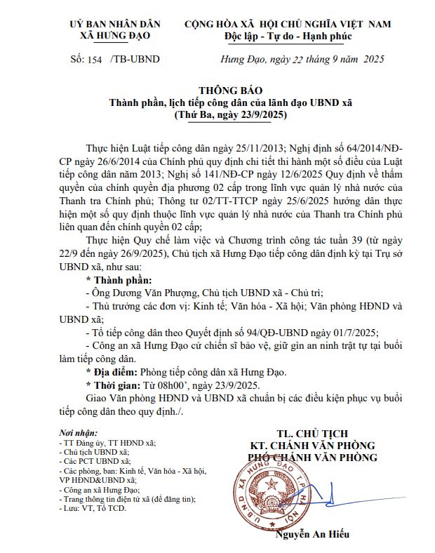 THÔNG BÁO
Thành phần, lịch tiếp công dân của lãnh đạo UBND xã
(Thứ Ba, ngày 23/9/2025)- Ảnh 1.