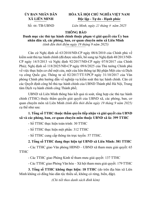 Thông báo Danh mục thủ tục hành chính tiếp nhận và giải quyết thuộc thẩm quyền Ủy ban nhân dân xã Liên Minh- Ảnh 1.