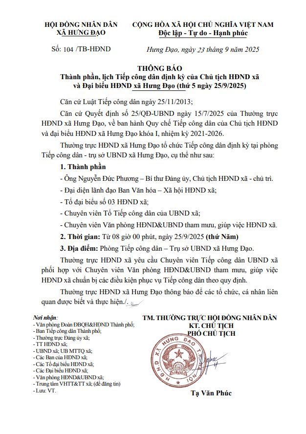 THÔNG BÁO 
Thành phần, lịch Tiếp công dân định kỳ của Chủ tịch HĐND xã và Đại biểu HĐND xã Hưng Đạo (thứ 5 ngày 25/9/2025)- Ảnh 1.