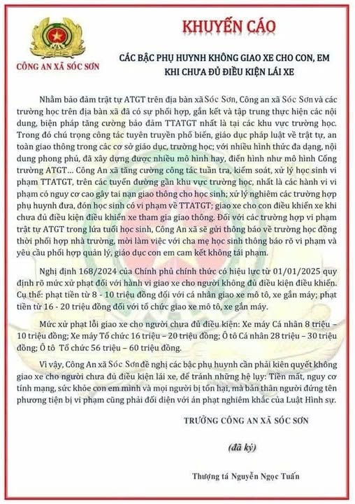 CÔNG AN XÃ SÓC SƠN KHUYẾN CÁO: CÁC BẬC PHỤ HUYNH KHÔNG GIAO XE CHO CON, EM KHI CHƯA ĐỦ ĐIỀU KIỆN LÁI XE- Ảnh 1.