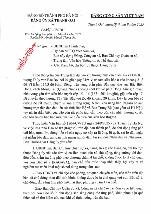 HOẢ TỐC chủ động ứng phó cơn Bão số 9 năm 2025 trên địa bàn xã Thanh Oai- Ảnh 1.