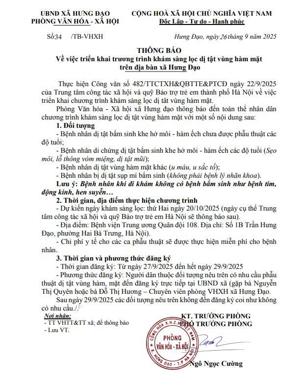 THÔNG BÁO
Về việc triển khai chương trình khám sàng lọc dị tật vùng hàm mặt trên địa bàn xã Hưng Đạo- Ảnh 1.