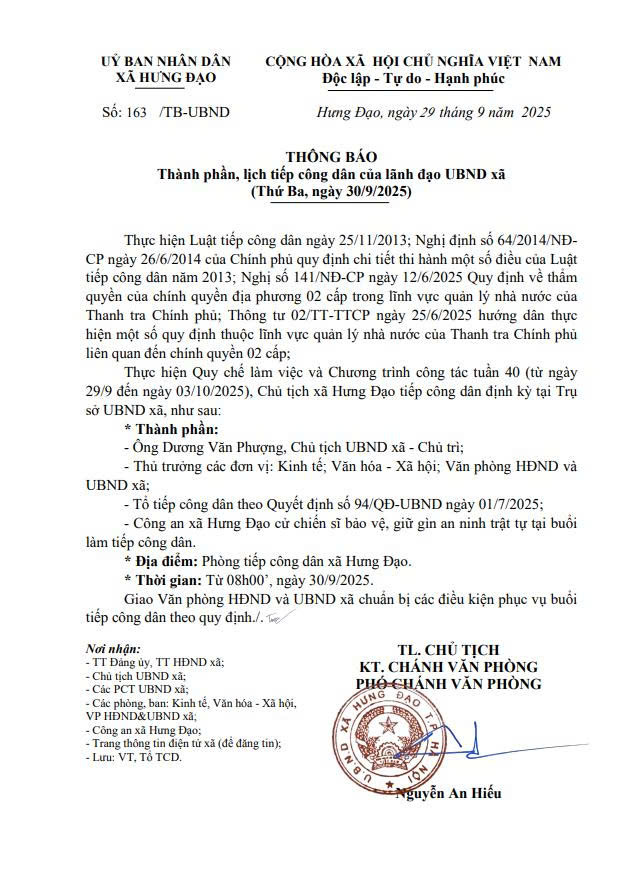 THÔNG BÁO 
Thành phần, lịch tiếp công dân của lãnh đạo UBND xã  
(Thứ Ba, ngày 30/9/2025) - Ảnh 1.