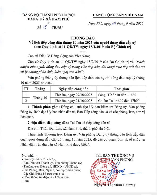 Thông báo số 25-TB/ĐU ngày 30/9/2025 của Đảng ủy xã Nam Phù- Ảnh 1.