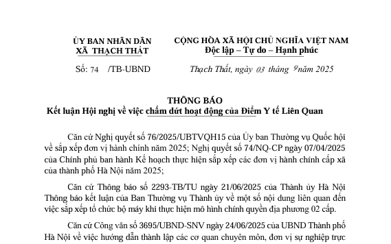 Thông báo về việc chấm dứt hoạt động của Điểm Y tế Liên Quan