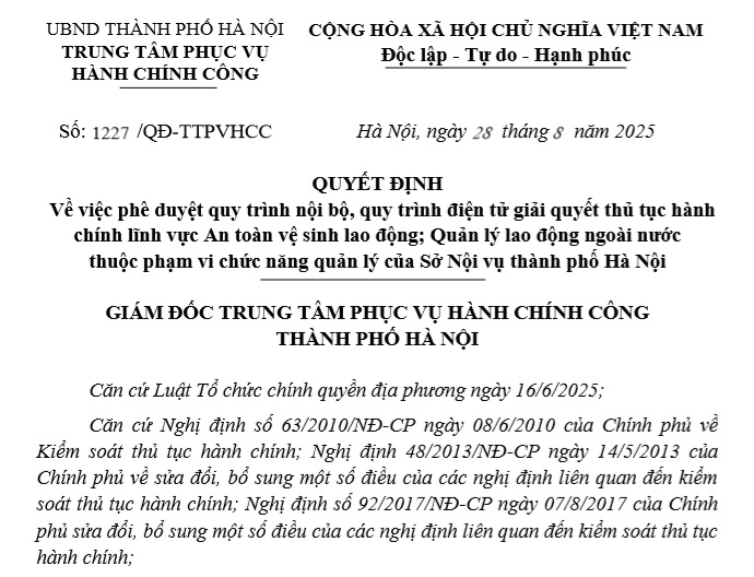 BAN HÀNH QUY TRÌNH NỘI BỘ, QUY TRÌNH ĐIỆN TỬ GIẢI QUYẾT THỦ TỤC HÀNH CHÍNH LĨNH VỰC AN TOÀN VỆ SINH LAO ĐỘNG; QUẢN LÝ LAO ĐỘNG NGOÀI NƯỚC THUỘC PHẠM VI CHỨC NĂNG QUẢN LÝ CỦA SỞ NỘI VỤ THÀNH PHỐ HÀ NỘI- Ảnh 1.