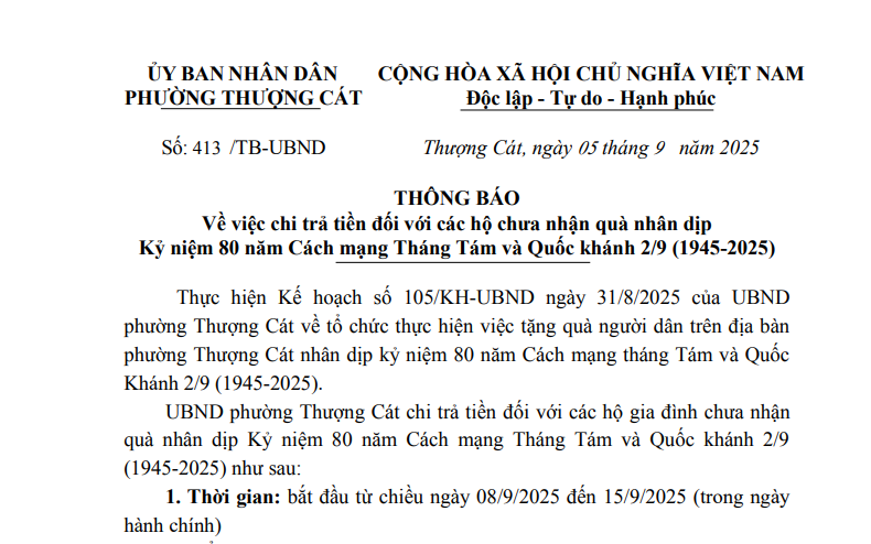 Thông báo: Về việc chi trả tiền đối với các hộ gia đình chưa nhận quà nhân dịp Kỷ niệm 80 năm Cách mạng Tháng Tám và Quốc khánh 2/9 (1945-2025)