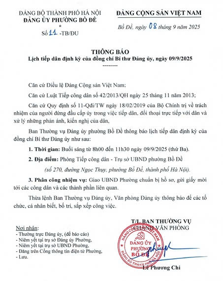 Lịch tiếp công dân định kỳ của đồng chí Bí thư Đảng ủy phường, ngày 9/9/2025- Ảnh 1.
