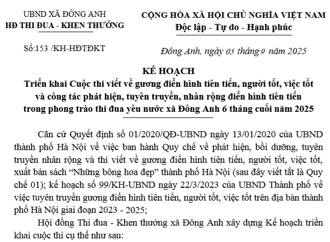 Kế hoạch Triển khai Cuộc thi viết về gương điển hình tiên tiến, người tốt, việc tốt và công tác phát hiện, tuyên truyền, nhân rộng điển hình tiên tiến trong phong trào thi đua yêu nước xã Đông Anh 6 tháng cuối năm 2025- Ảnh 1.