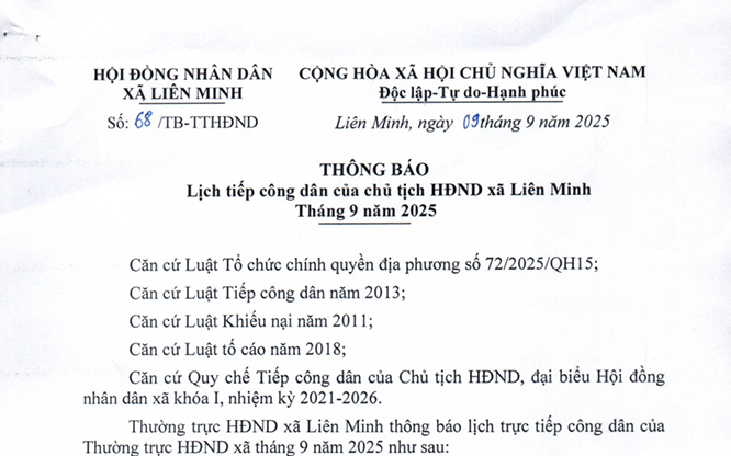 Thông báo Lịch tiếp công dân của Chủ tịch Hội đồng nhân dân xã Liên Minh tháng 9/2025