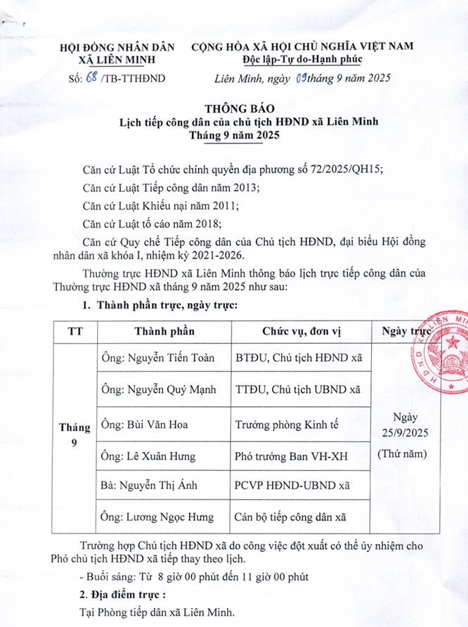 Thông báo Lịch tiếp công dân của Chủ tịch Hội đồng nhân dân xã Liên Minh tháng 9/2025- Ảnh 1.
