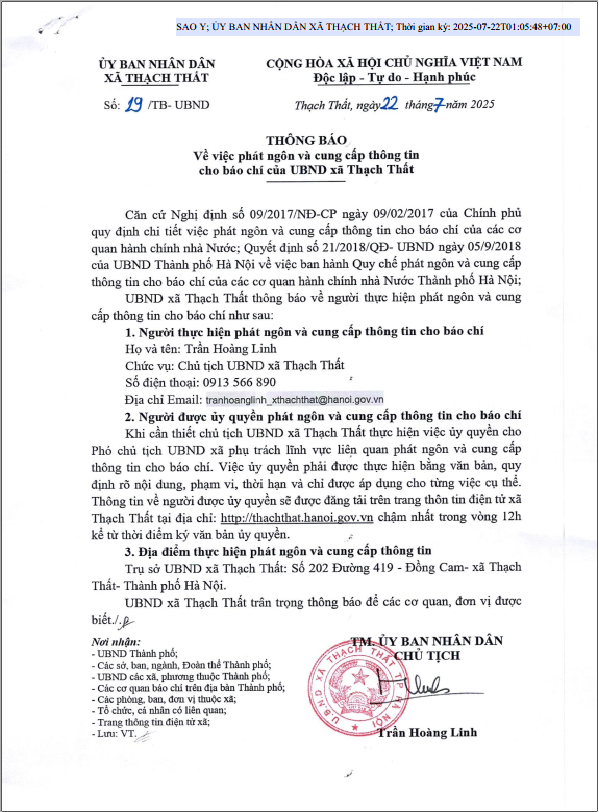 Thông báo về việc phát ngôn và cung cấp thông tin cho báo trí của UBND xã Thạch Thất- Ảnh 1.