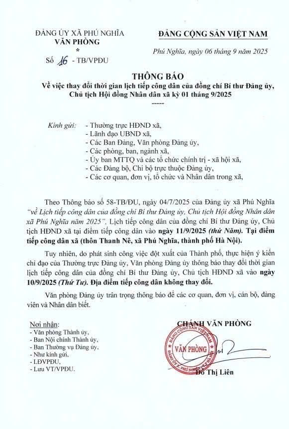 Thông báo về việc thay đổi thời gian lịch tiếp công dân của đồng chí Bí thư Đảng ủy, Chủ tịch Hội đồng nhân dân xã kỳ 01 tháng 9/2025- Ảnh 1.