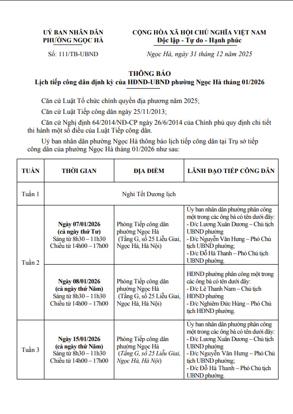 Lịch tiếp công dân định kỳ của HĐND-UBND phường Ngọc Hà tháng 1/2026- Ảnh 1.