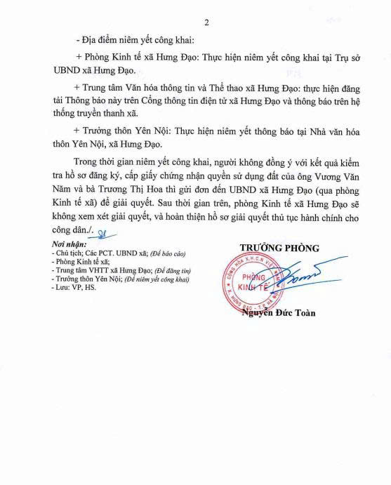 THÔNG BÁO
Về việc niêm yết danh sách công khai kết quả kiểm tra hồ sơ đăng ký đất đai, cấp giấy chứng nhận quyền sử dụng đất của ông Vương Văn Năm và bà Trương Thị Hoa tại thôn Yên Nội, xã Hưng Đạo, thành phố Hà Nội- Ảnh 2.