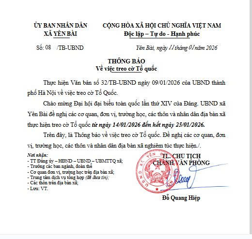 Xã Yên Bài thông báo treo cờ Tổ quốc chào mừng Đại hội đại biểu toàn quốc lần thứ XIV của Đảng- Ảnh 1.