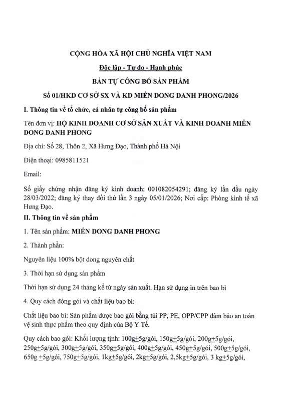 BẢN TỰ CÔNG BÓ SẢN PHẨM
SỐ 01/HKD CƠ SỞ SX VÀ KD MIÉN DONG DANH PHONG/2026- Ảnh 1.
