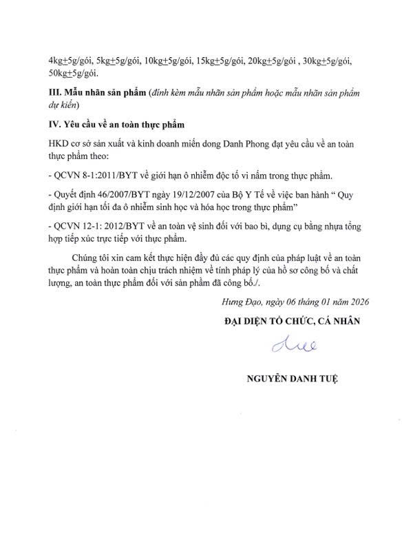 BẢN TỰ CÔNG BÓ SẢN PHẨM
SỐ 01/HKD CƠ SỞ SX VÀ KD MIÉN DONG DANH PHONG/2026- Ảnh 2.