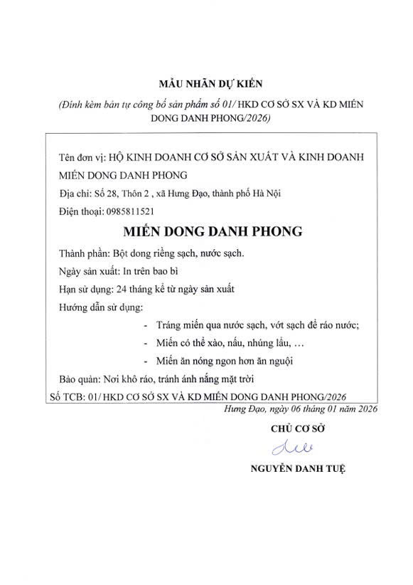 BẢN TỰ CÔNG BÓ SẢN PHẨM
SỐ 01/HKD CƠ SỞ SX VÀ KD MIÉN DONG DANH PHONG/2026- Ảnh 3.
