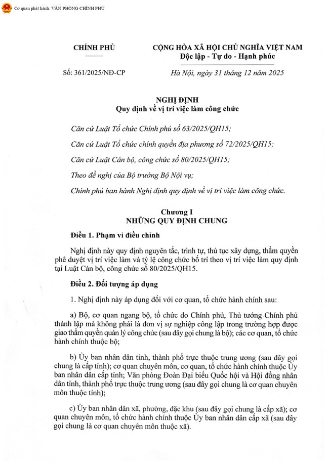 Nghị định số 361/2025/NĐ-CP của Chính phủ quy định chi tiết về nguyên tắc, trình tự, thủ tục xây dựng, thẩm quyền phê duyệt vị trí việc làm công chức- Ảnh 1.