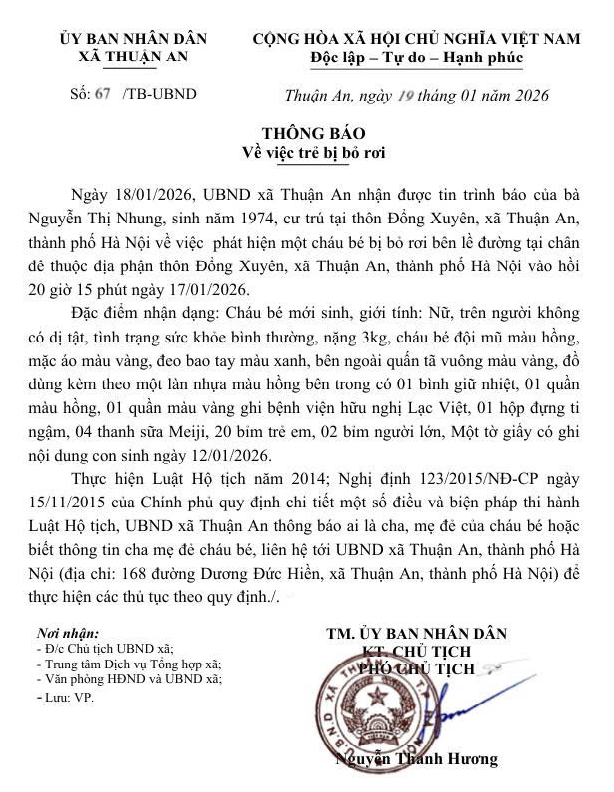 Thông báo về việc trẻ bị bỏ rơi- Ảnh 1.