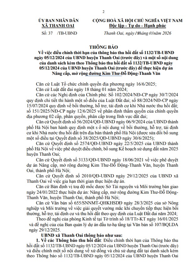 Thông báo về việc điều chỉnh thời hạn của thông báo thu hồi đất số 1132/TB-UBND ngày 05/12/2024 của UBND huyện Thanh Oai (trước đây)- Ảnh 1.