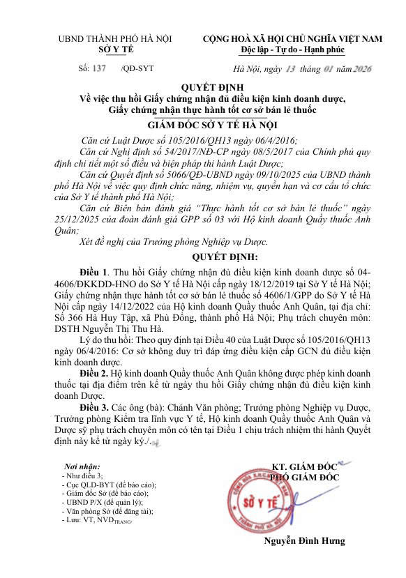 QUYẾT ĐỊNH
Về việc thu hồi Giấy chứng nhận đủ điều kiện kinh doanh dược, Giấy chứng nhận thực hành tốt cơ sở bán lẻ thuốc - Ảnh 1.
