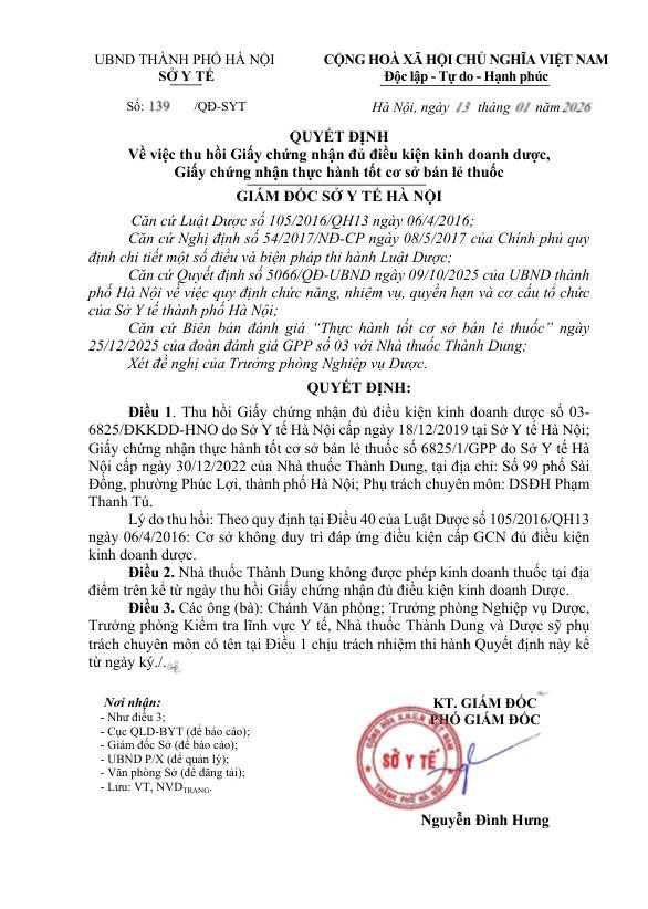 QUYẾT ĐỊNH
Về việc thu hồi Giấy chứng nhận đủ điều kiện kinh doanh dược, Giấy chứng nhận thực hành tốt cơ sở bán lẻ thuốc- Ảnh 1.