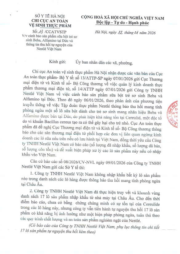 Cảnh báo sản phầm sữa bột trẻ sơ sinh Beba, Alfamino tại Đức và thông tin thu hồi tự nguyện của Nestlé Việt Nam- Ảnh 1.