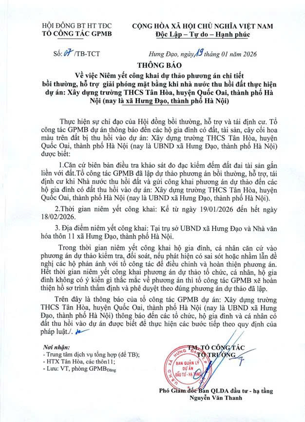THÔNG BÁO
Về việc Niêm yết công khai dự thảo phương án chi tiết bồi thường, hỗ trợ giải phóng mặt bằng khi nhà nước thu hồi đất thực hiện dự án: Xây dựng trường THCS Tân Hòa- Ảnh 1.