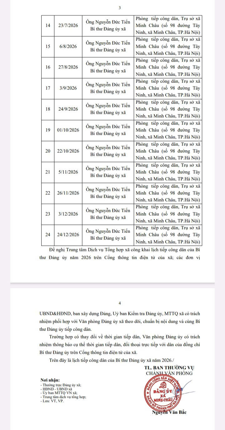 THÔNG BÁO: Lịch tiếp công dân của Bí thư Đảng ủy xã Minh Châu năm 2026- Ảnh 3.