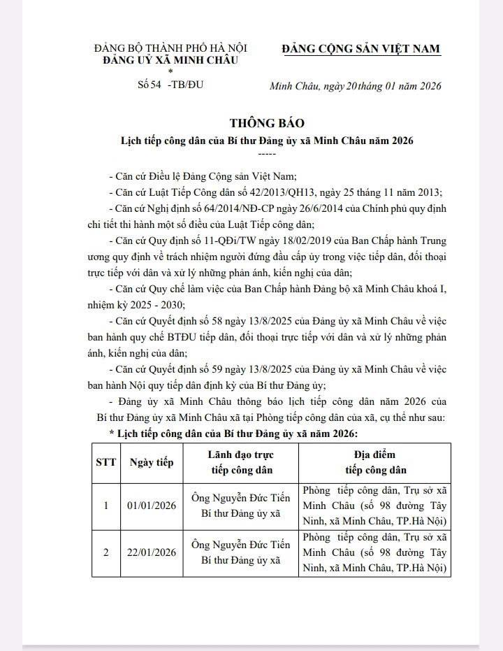THÔNG BÁO: Lịch tiếp công dân của Bí thư Đảng ủy xã Minh Châu năm 2026- Ảnh 1.