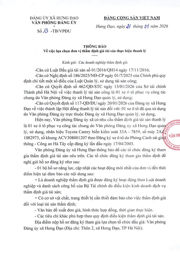 THÔNG BÁO
Về việc lựa chọn đơn vị thẩm định giá tài sản thực hiện thanh lý
- Ảnh 1.